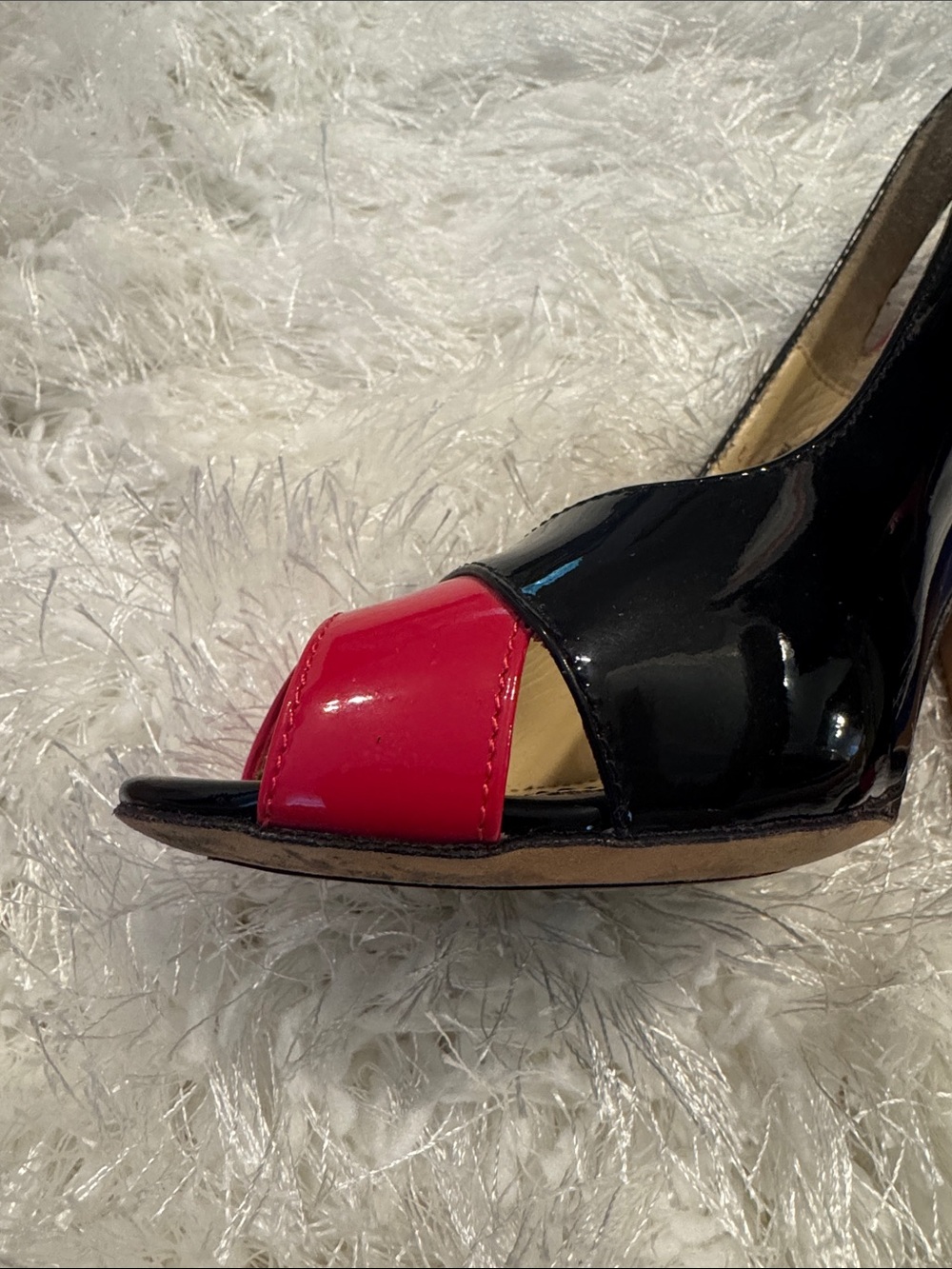 Women’s Patent Peep-Toe Block Heel Pumps - Black, Deep Purple Heel, and Hot Pink - Picture 12 of 14